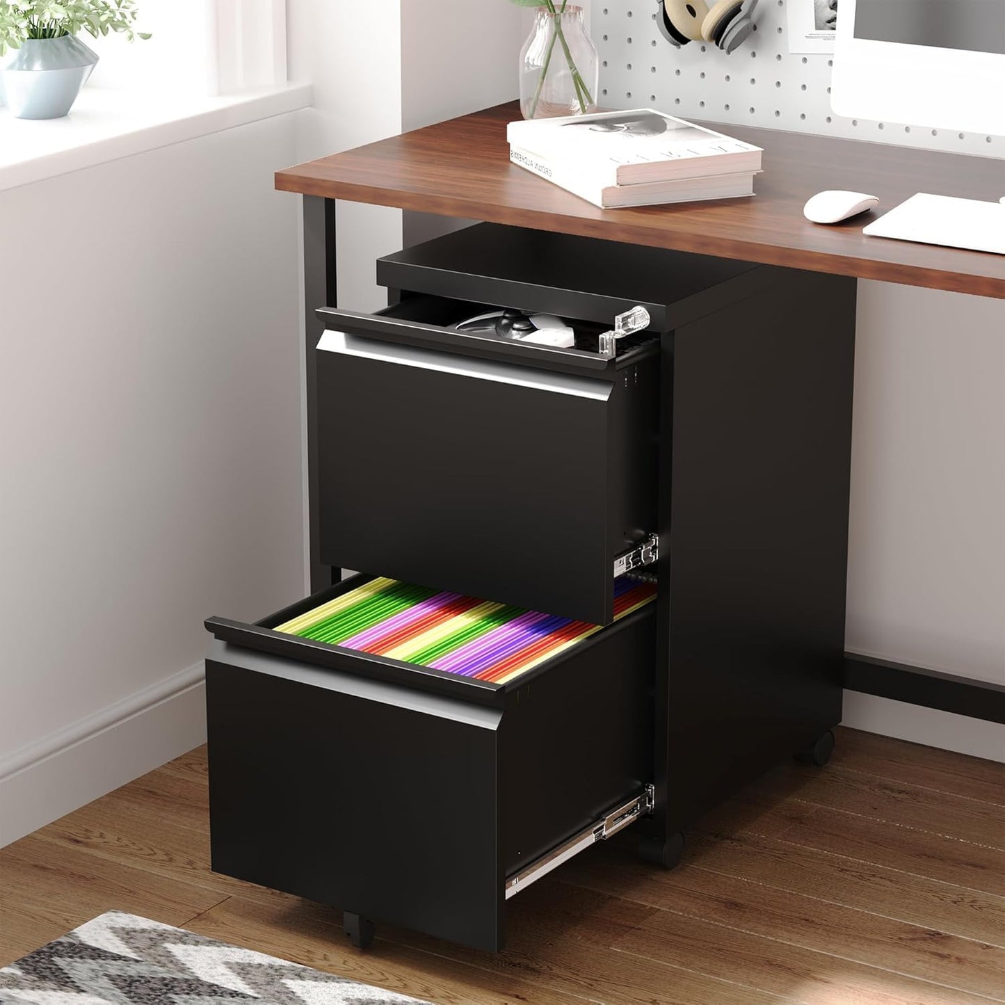 Letaya 2 Drawer Mobile File Cabinet with Lock, Under Desk Metal Rolling Filing Cabinets for Home Office Organizer Letters/Legal/A4 (Black- Requires Installation)