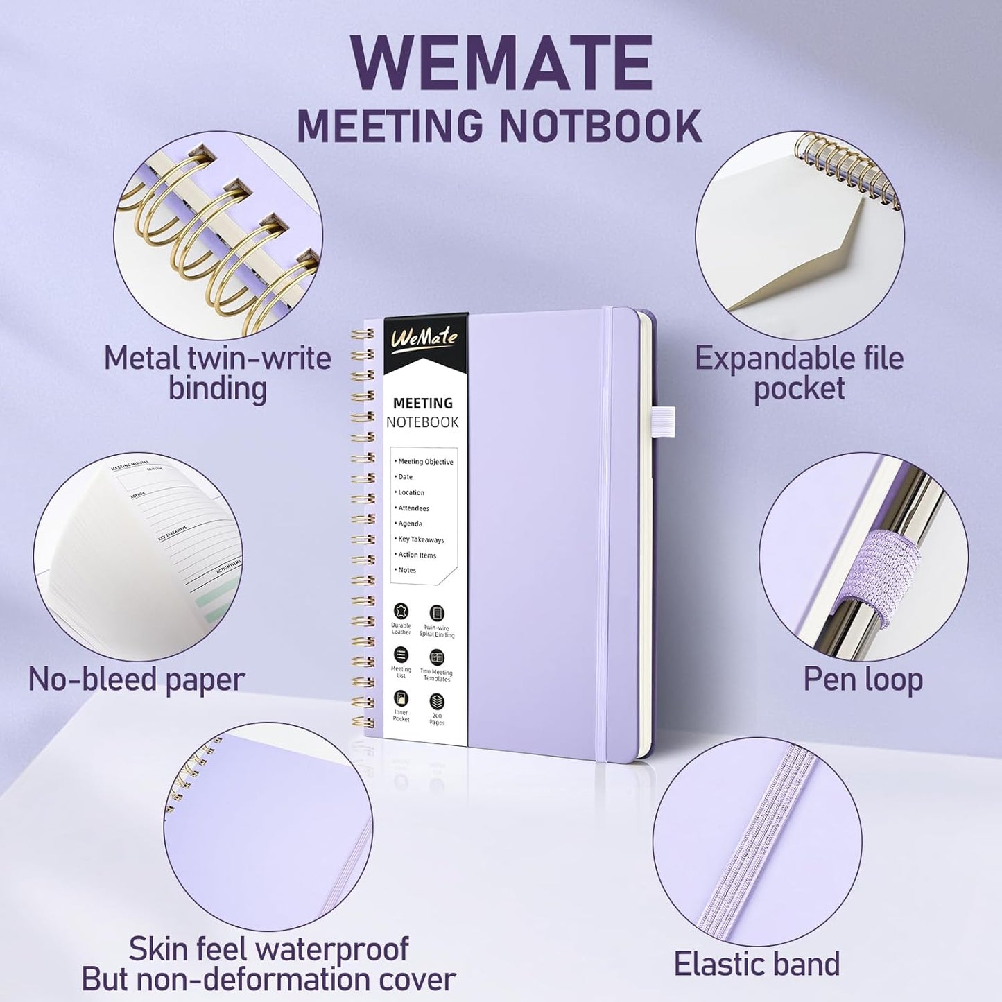 WEMATE 5 Pack Meeting Notebooks for Work(7"x10") 200 Pages, PU Leather Notebook with Action Items & Note, For Staff & Students, Meeting, Projects Planning- Light Purple, Blue, Rose Gold, Green, Black