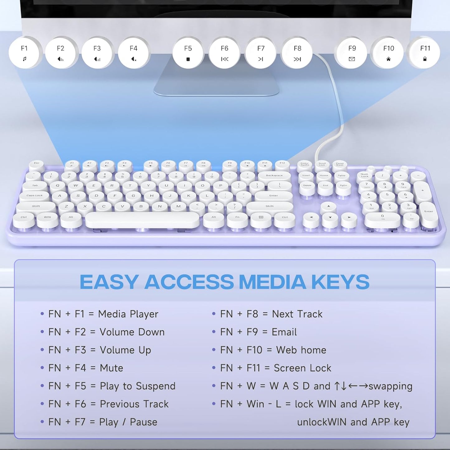 Computer Keyboard Wired, Plug Play USB Keyboard with Large Number Pad, Caps Indicators, Foldable Stands, Full Size Keyboard for Windows PC Laptop (Purple-White)