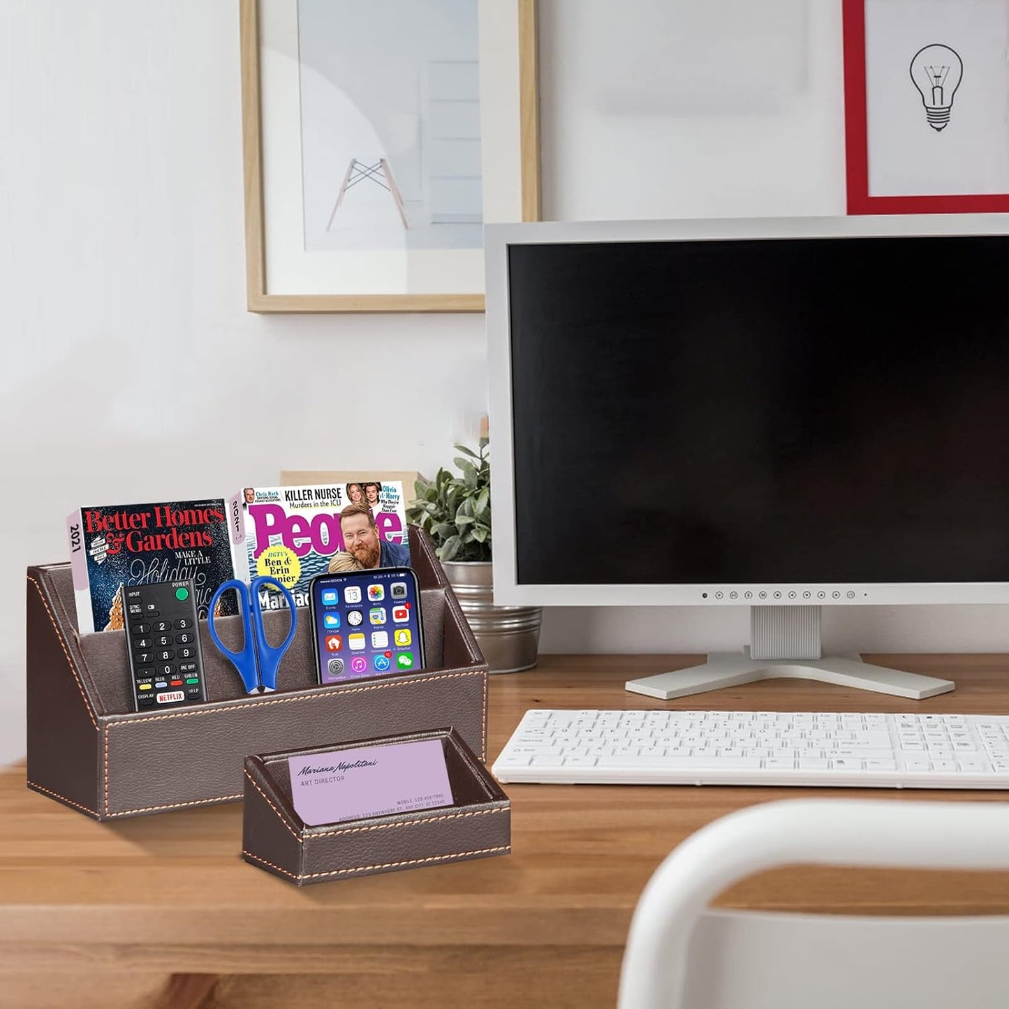 Ayunga PU Leather 6-piece Office Supplies Combination Set,Pencil Cup,Business Card Holder,Sticky Note Dispenser,Mail Sorter,Letter Tray,Files Holder,Suitable for Self-use and Friend Gifts (Brown)