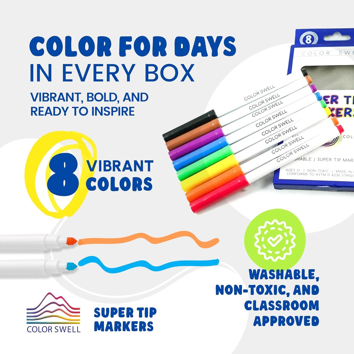 Color Swell Super Tip Washable Bulk Marers Pack 10 Boxes of 8 Vibrant Colors (80 Total)