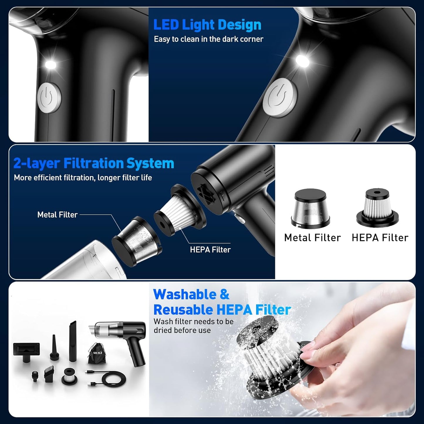 Handheld Car Vacuum Cleaner, 9000Pa Hand Held Vacuum Portable Cordless,2 in 1 Air Duster and Mini Vacuum Cleaner with LED Light, 120W High Power Small Vacuum for Car, Home, Office, Pet(Black)