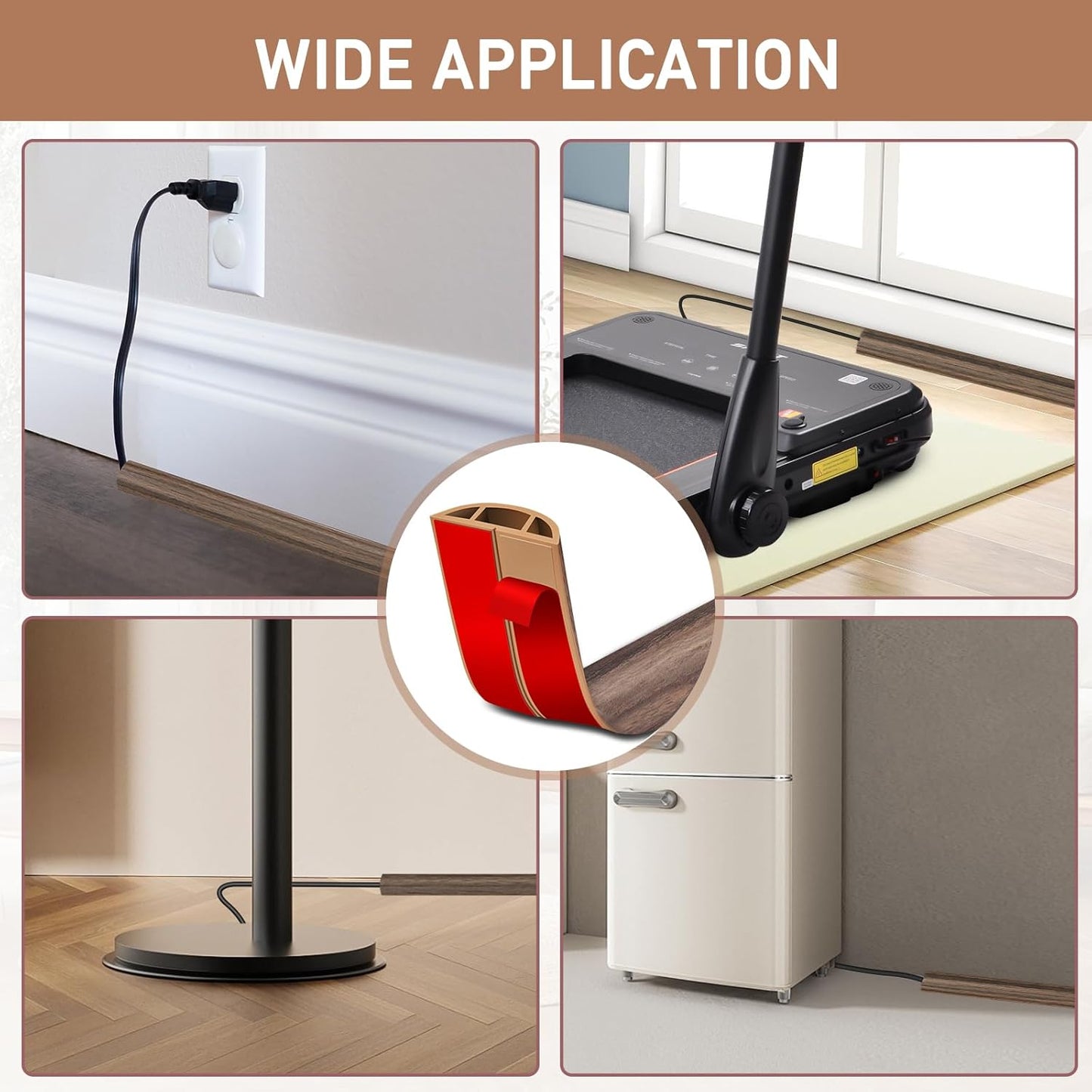 Floor Cord Cover Self Adhesive Cord Hider Floor Extension Cord Covers for Floor Power Cord Protector Cable Management Prevent Cable Trips Cable Cavity 0.51" W x 0.31" H (Smoked Brown Wood, 3.3Ft)