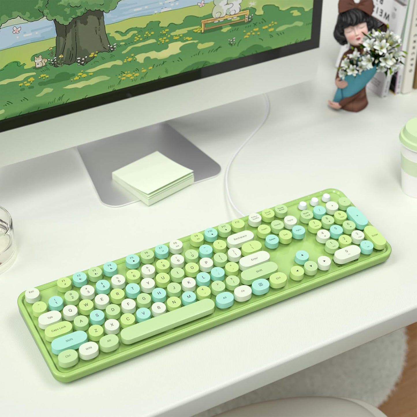 MOFII Wired Keyboard, Full Size USB Keyboard Plug Play, Colorful Retro Round Typewriter Keyboard with Foldable Stands for Windows PC Laptop (Green Colorful)