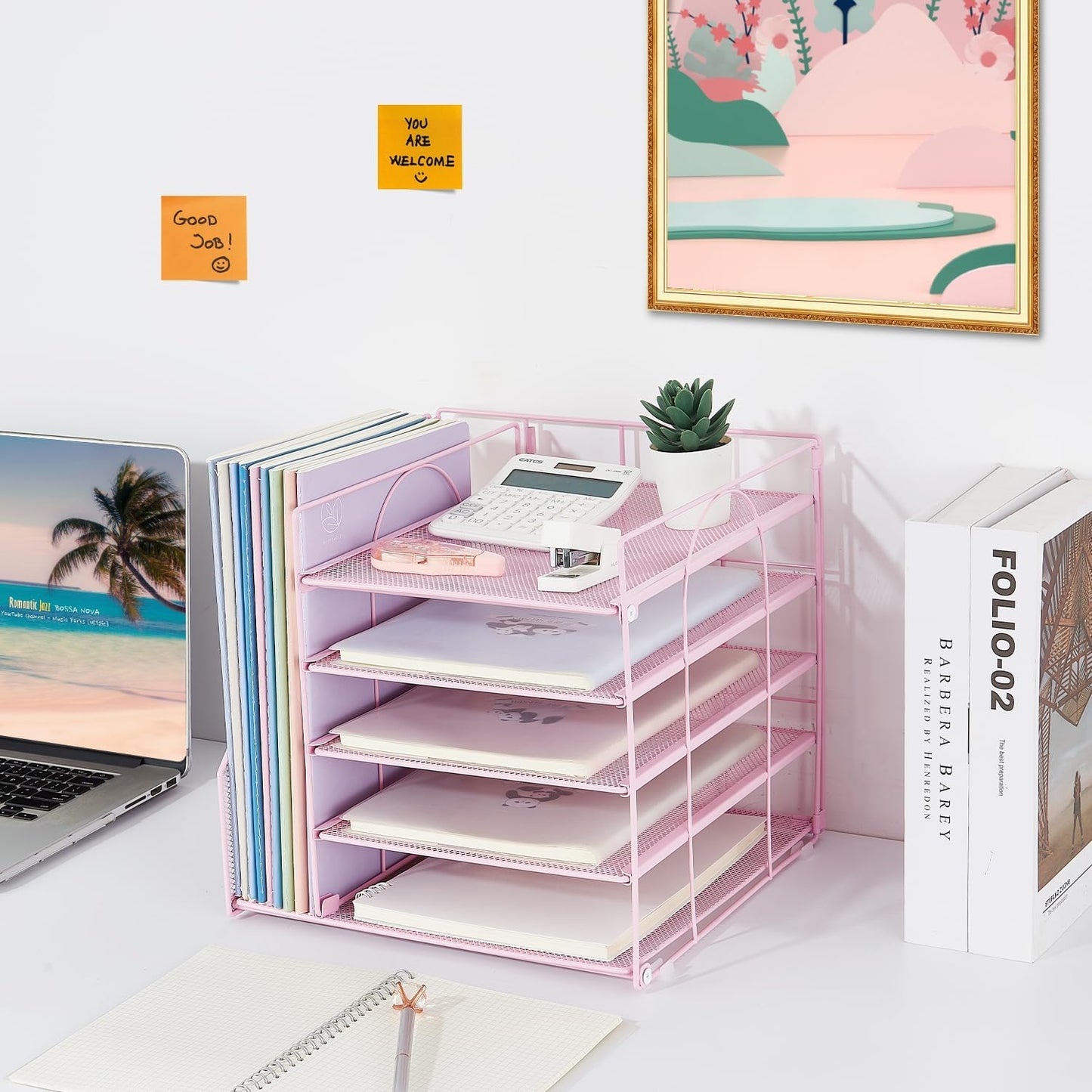 Desk Organizers and Accessories, 5-Tier Paper Letter Tray Organizer with File Holder, Pink Office Decor (Pink)
