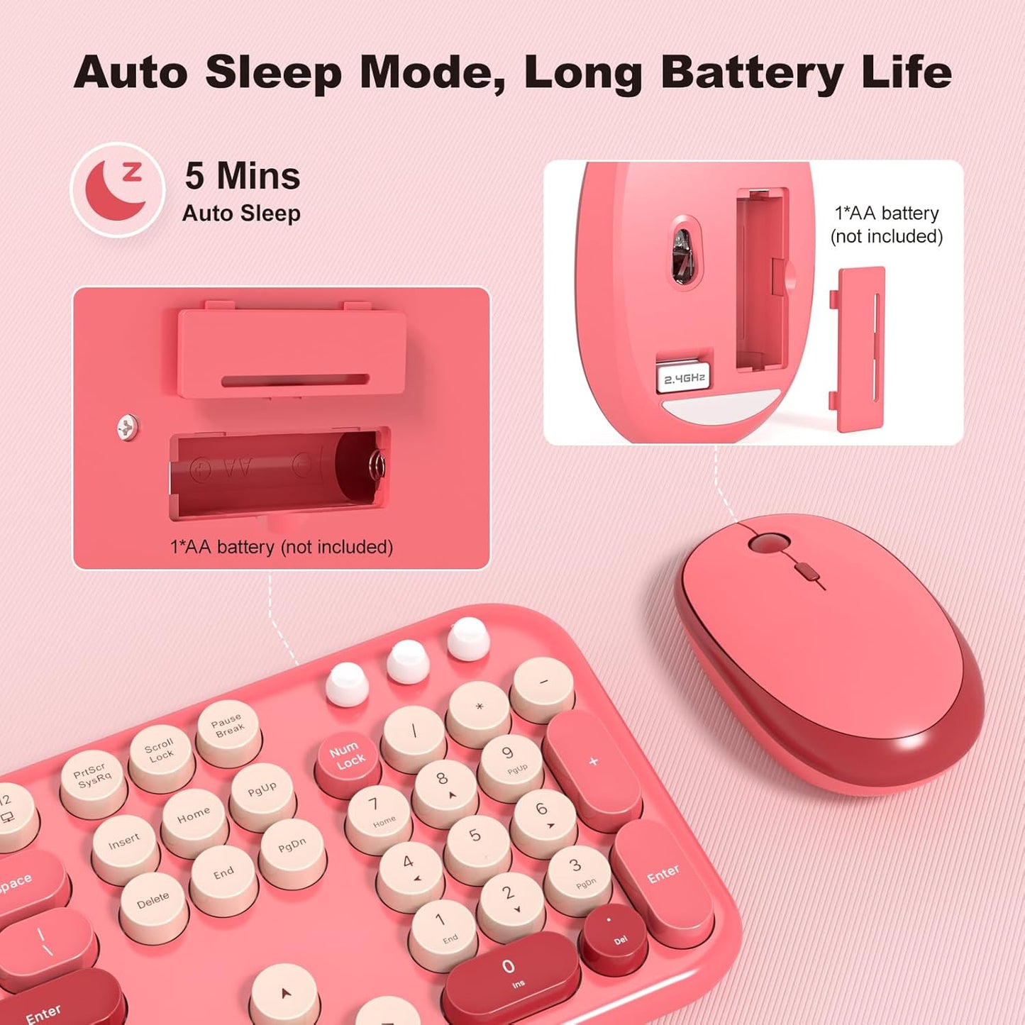 Wireless Keyboard and Mouse Combo, MOWUX Full Size Typewriter Retro Round Computer Keyboard, Cute Optical Mouse Wireless, Plug and Play, for Laptop, PC, Computer- Valentine's Rose