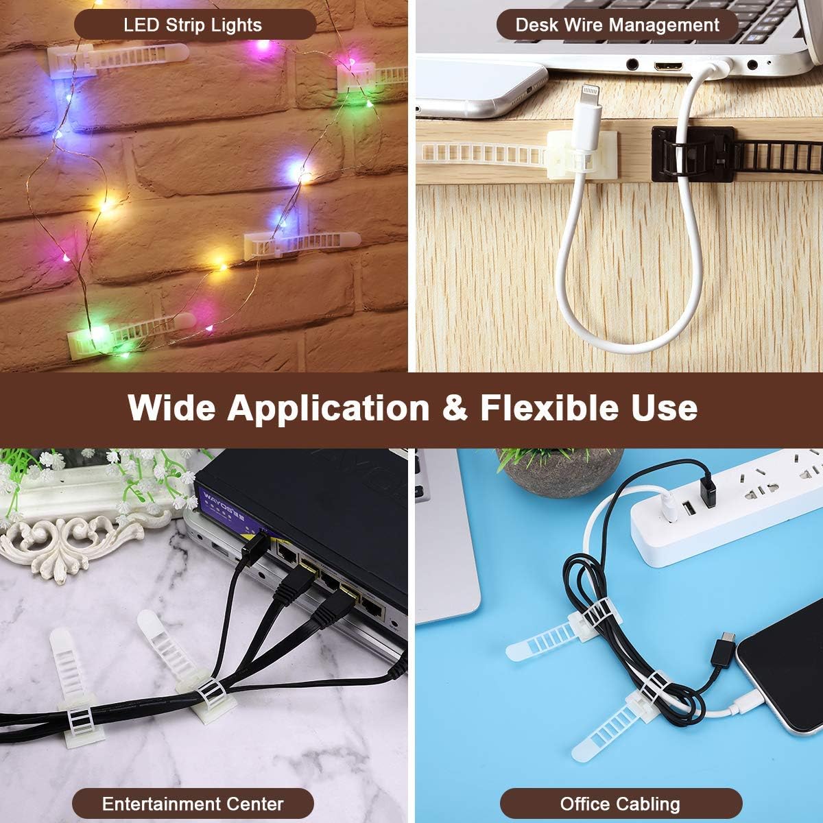 Adhesive Cable Management Clips, 100Pcs Adjustable Nylon Cable Strap Ties Wire Clips Clamps Organizer with Strong Adhesive Tape, Extra Screw & Hole for Strong Fixation Home Office - 3.35 Inch White
