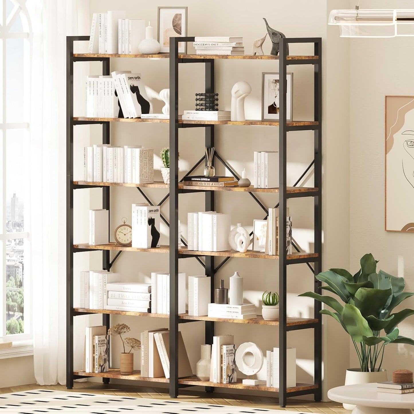 oneinmil 6 Tier Bookshelf Set of 2, 71.5'' Industrial Wood Bookshelves, Book Shelf with 12 Open Display Shelves & Metal Frame, Tall Bookcase for Home and Office, Rustic Brown