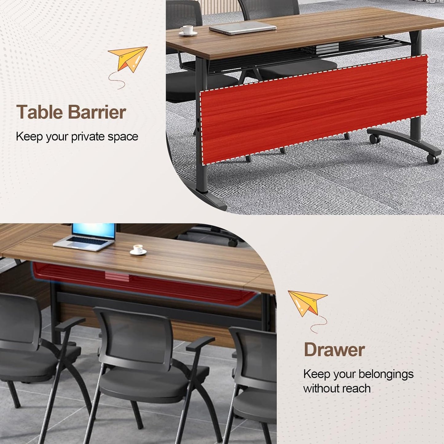 Folding Conference Room Table, Modern Conference Tables with Wheels, Large Rectangular Mobile Training Tables for Office Classroom, Foldable Modular Boardroom Seminar Table Walnut (4pack L70.9in)
