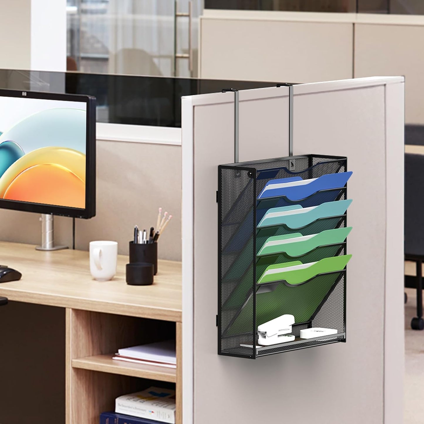 Kuntine.B Wall File Organizer Office Hanging Magazine Holder Wall File Organizer for Office Home (Black, 6 Tier & Hangers)