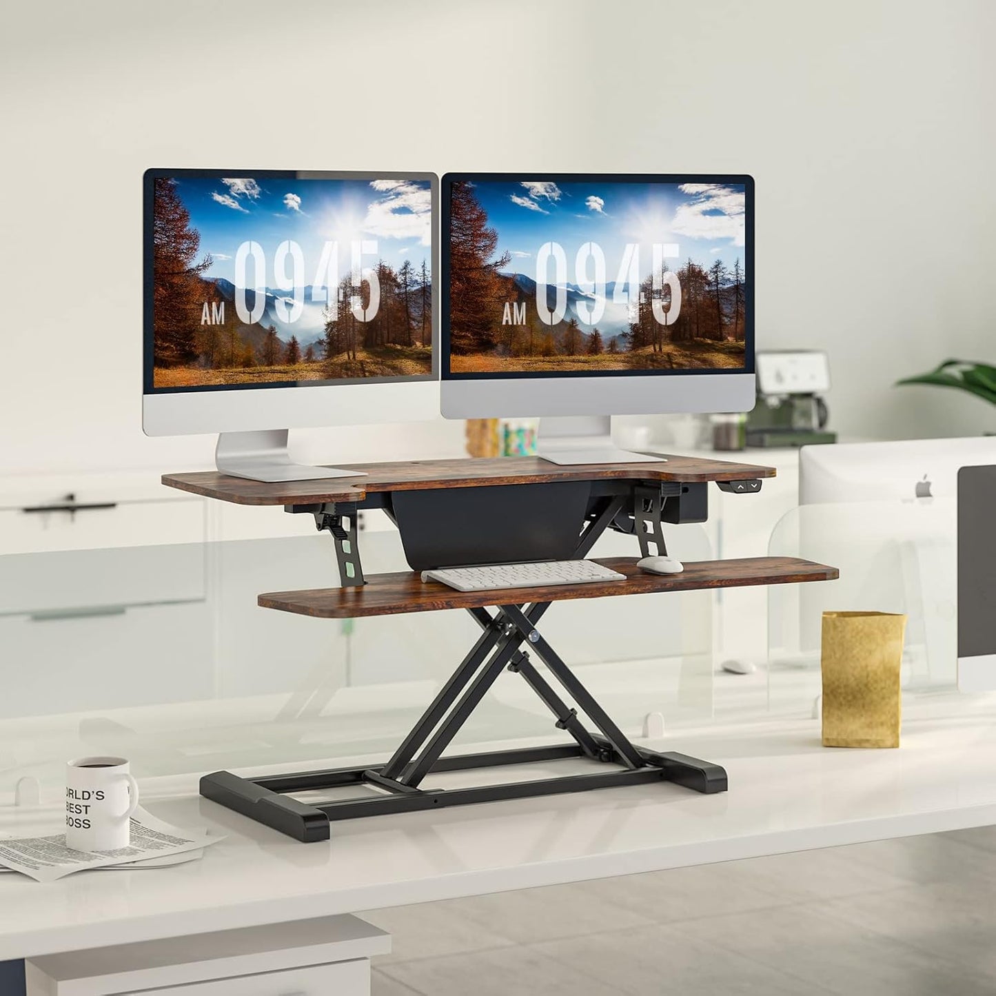 FLEXISPOT Electric Standing Desk Converter, 36'' Height Adjustable Motorized Desk Riser for Computer Monitors & Laptop Workstation, Rustic Color
