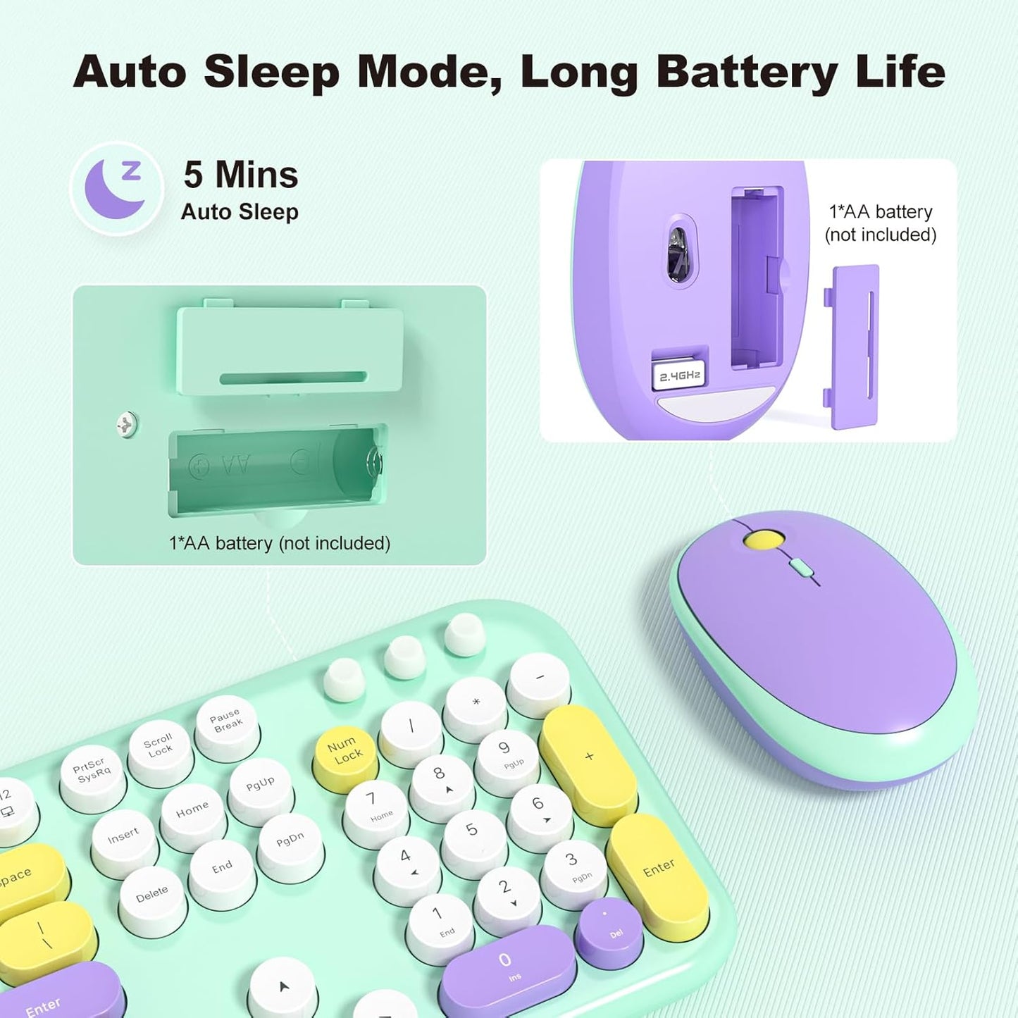 Wireless Keyboard and Mouse Combo, MOWUX Full Size Typewriter Retro Round Computer Keyboard, Cute Optical Mouse Wireless, Plug and Play, for Laptop, PC, Computer- Daydream Mint