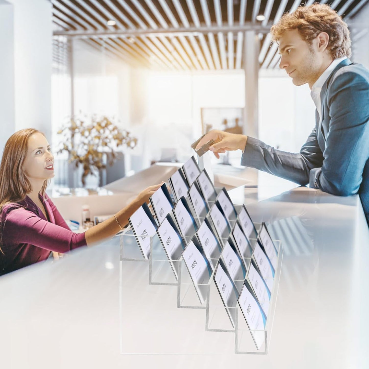 20 Slots Acrylic Business Card Holder for Desk Business Card Stand Clear Plastic Multiple Cards Display Stand Rack for Office Supplies Home School Brochure File Table Recipe