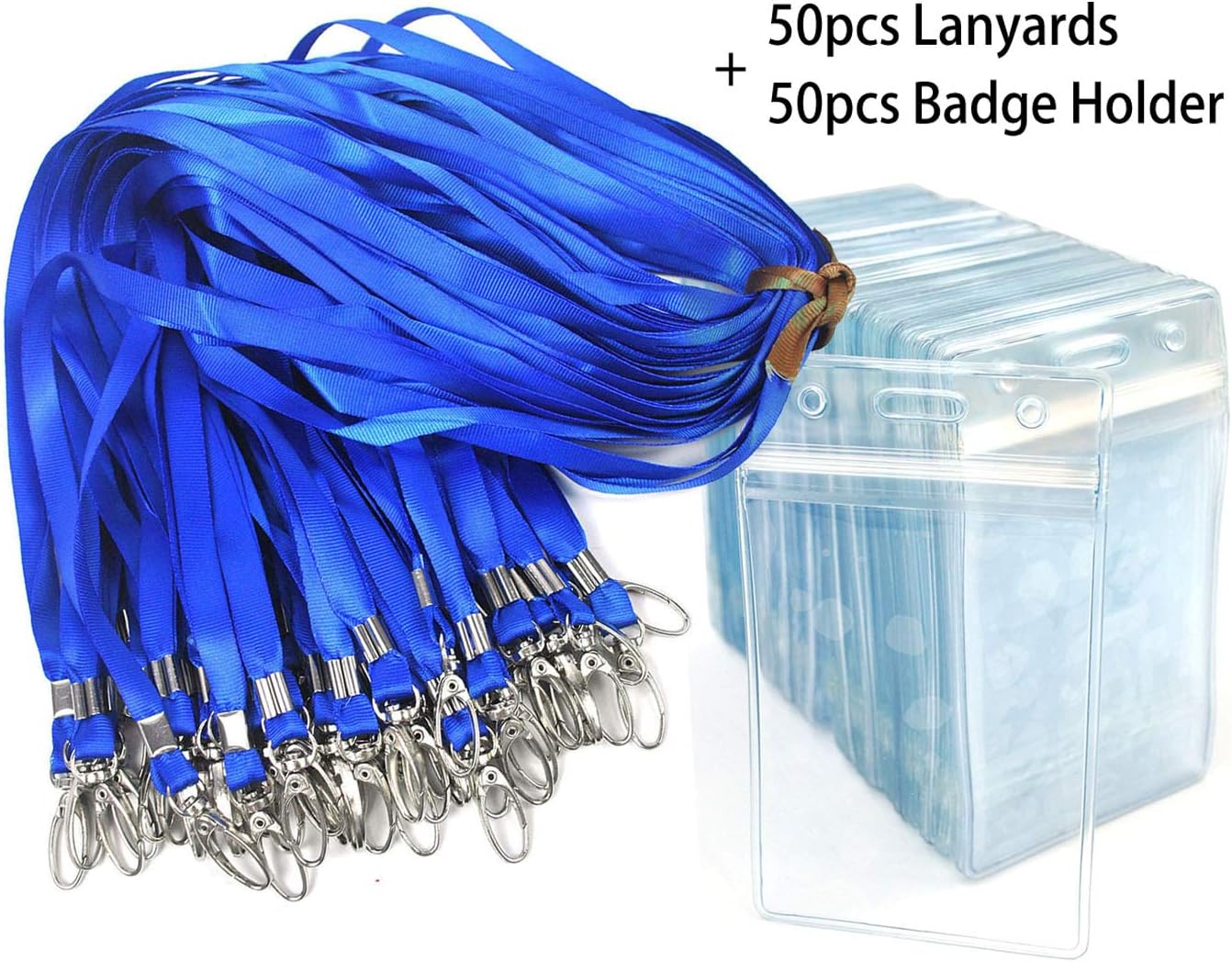 Lanyard with ID Holder 50 Pcs Waterproof Name Tag Vertical Badge ID Card Holders ID Pass Holder and 50 Pcs Flat Neck Blue Lanyards Swivel Hook