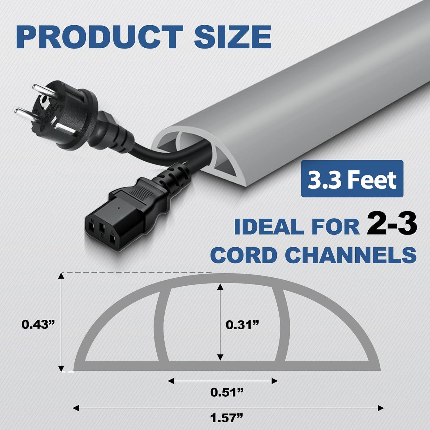 Floor Cord Cover for Wires on Floor Self Adhesive Cord Hider Floor Cable Management Wire Covers for Cords Protector Prevent Cable Trips Cord Cavity W 0.51" x H 0.31", Gray, 3.3Ft