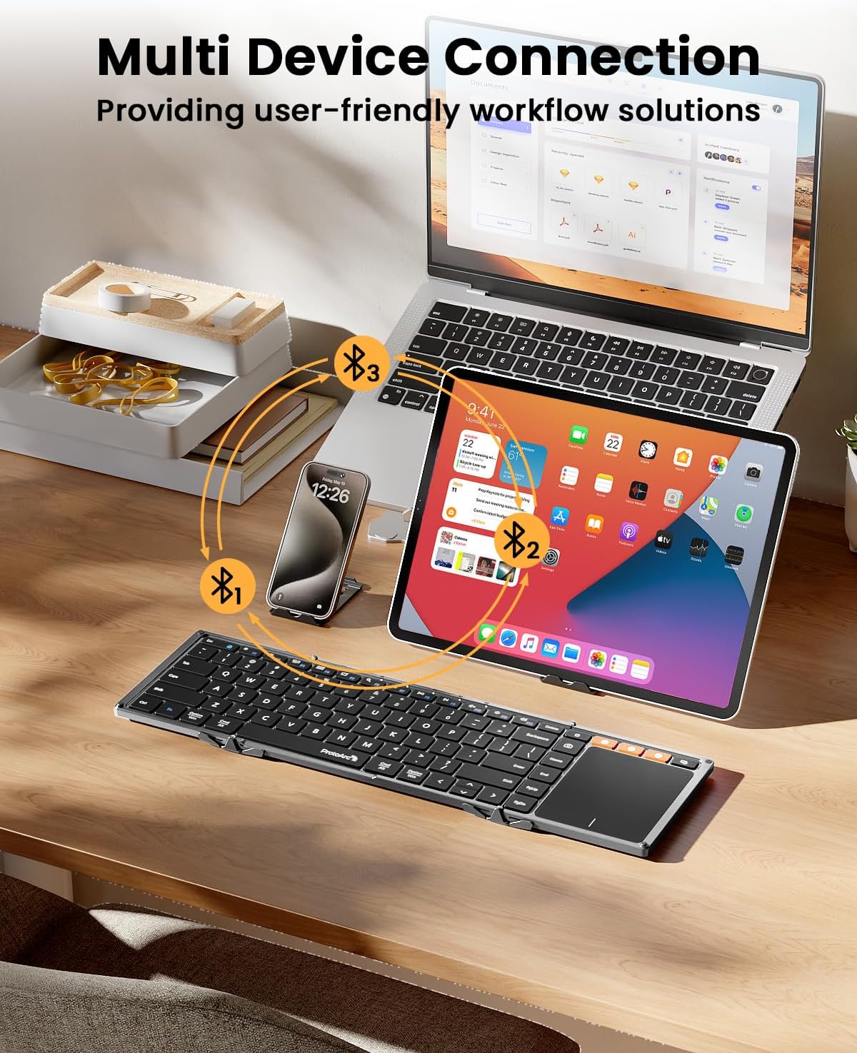 ProtoArc Foldable Keyboard with Touchpad, XK01 TP Folding Portable Keyboard, Full Size Keys, Large Trackpad Bluetooth Travel Keyboards for iPad Laptop PC Tablets - Black Gray