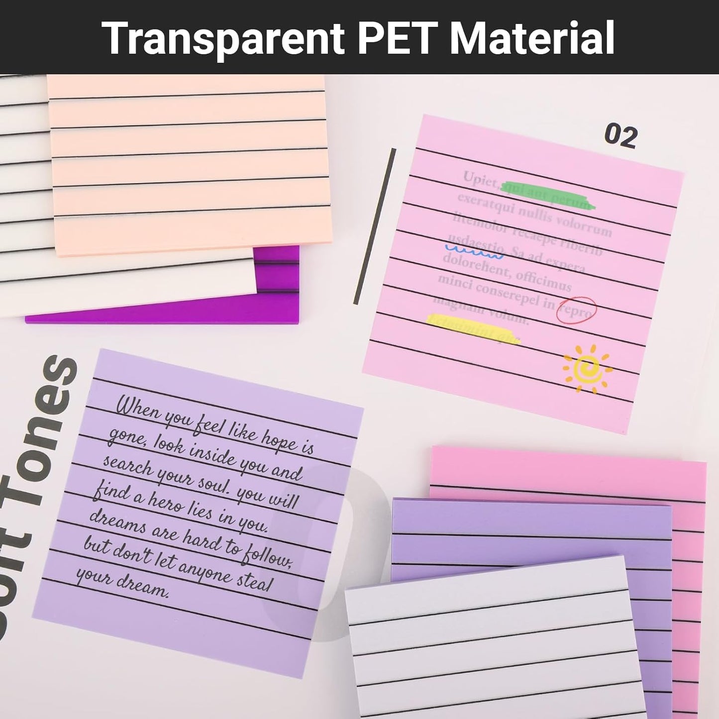 EUSOAR Transparent Sticky Notes, 300 Sheets 3x3 Inch Waterproof Pink Index Tabs Sticky Notes with Lines, See-Through Adhesive Note Bible Stickers Note Pads for School Classroom Office Supplies