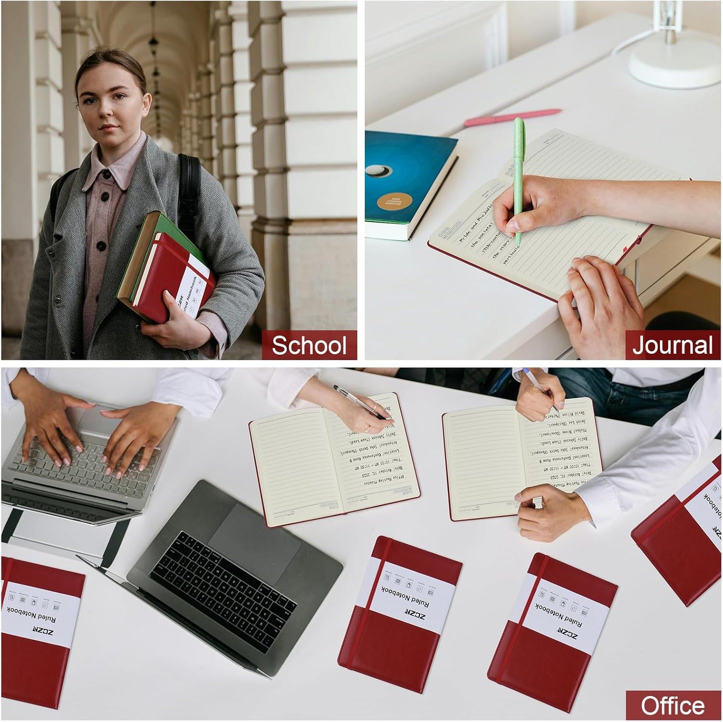 ZCZN 6 Pack Lined Journal Notebooks, 192 Pages A5 Hardcover Leather Journals for Work,Writing,School & Travel, College Ruled Journaling Notebooks for Notes Taking,Diary Notepad (Red*6)
