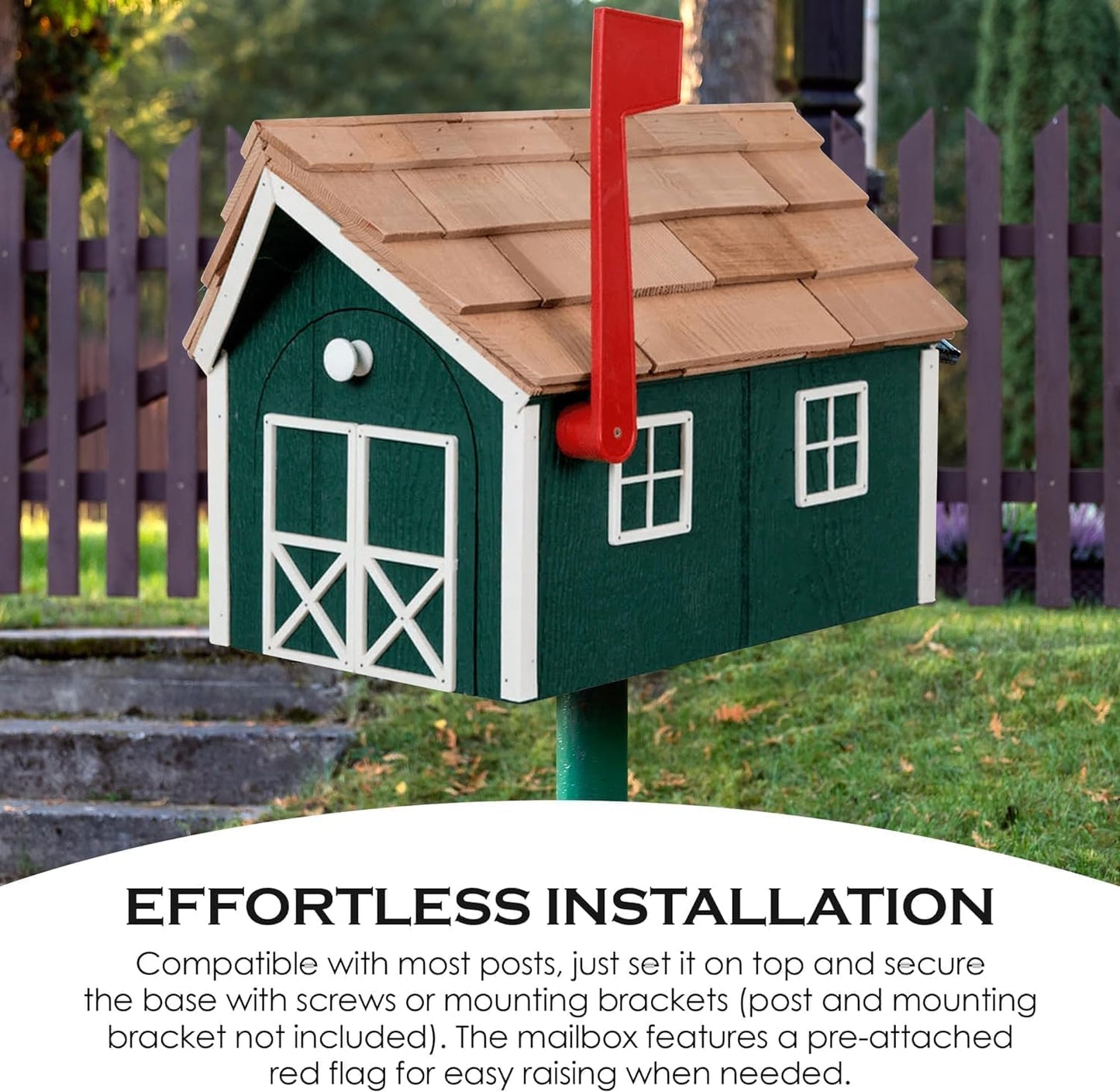 Peaceful Classics Amish Cedar Roof Wooden Mailbox with Window & Door Trim, Handcrafted Mailboxes for Outside, Post Mount Residential Mailboxes - (Dark Gray & White, Wood)