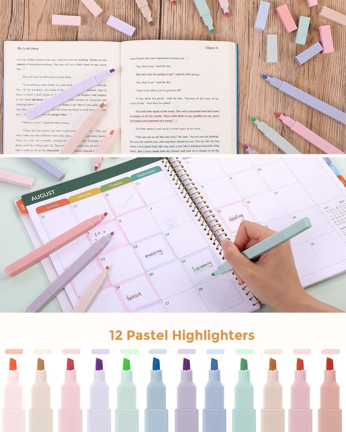 SKYDUE Cute School Supplies 44 PCS, Aesthetic Pencil Case with 12 Pastel Highlighters, 5 Black Gel Pens, 6 Color Gel Pens & Mechanical Pencils, College Essentials Students Stationary Set Pink
