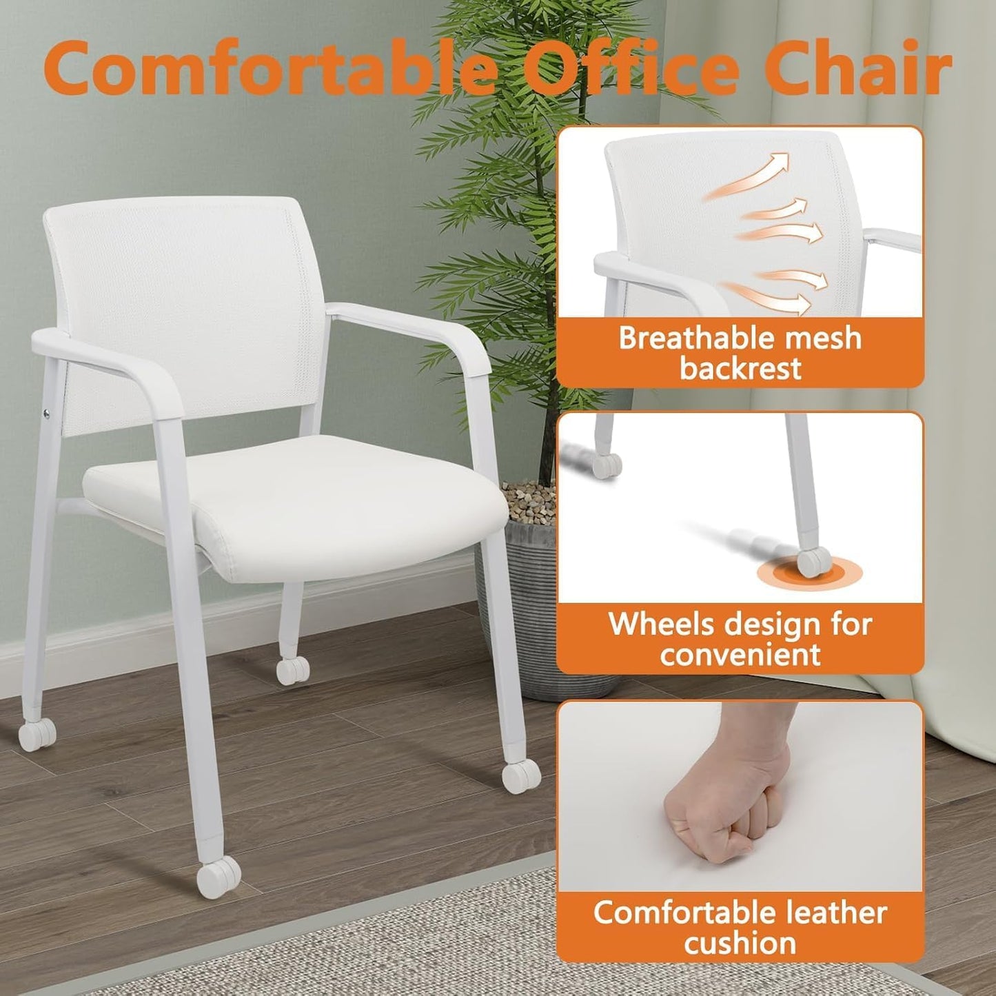 CLATINA Stacking Office Chairs with Wheels | Mesh Back, Thicken Leather Seat and Streamline Armrests, Ergonomic Lumber Support | School, Desk, Guest Reception, Waiting, Conference | Set of 8, White