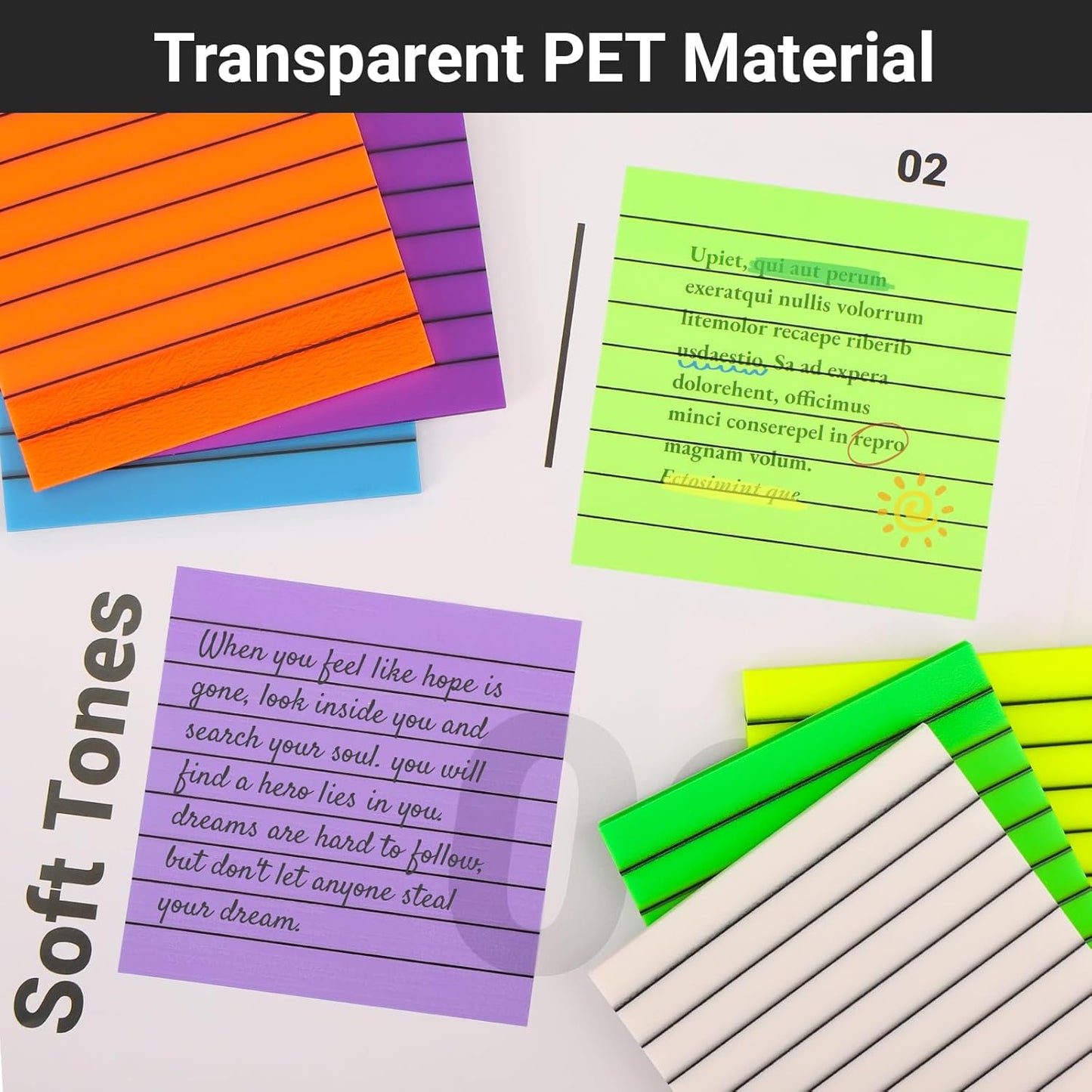 EUSOAR Translucent Sticky Notes, 300 Sheets 3x3 Inch PET Lined Sticky Notes Tabs for Folders Neon 6 Colors, Translucent Bible Page Flags Stickers Note Pads for Book Annotation Making to-do Lists