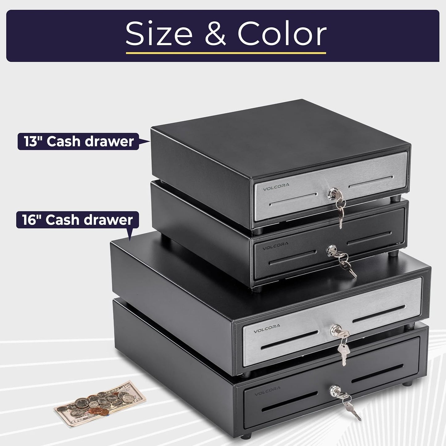 Volcora 13" Manual Push Open Cash Register Drawer for Point of Sale (POS) System - Black with Stainless Steel Front Touch Panel - with 4 Bills and 5 Coin Slots, Fully Removable Money Tray