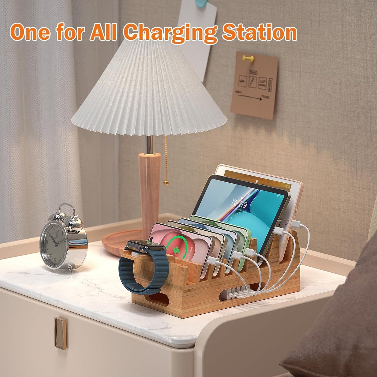Pezin & Hulin Bamboo Charging Station Holder with 5 Port USB Charger, 5 x Charge Cables, Watch Stand, Wood Docking Stand Electronic Organizer for Multiple Devices, Phones, Tablets and More