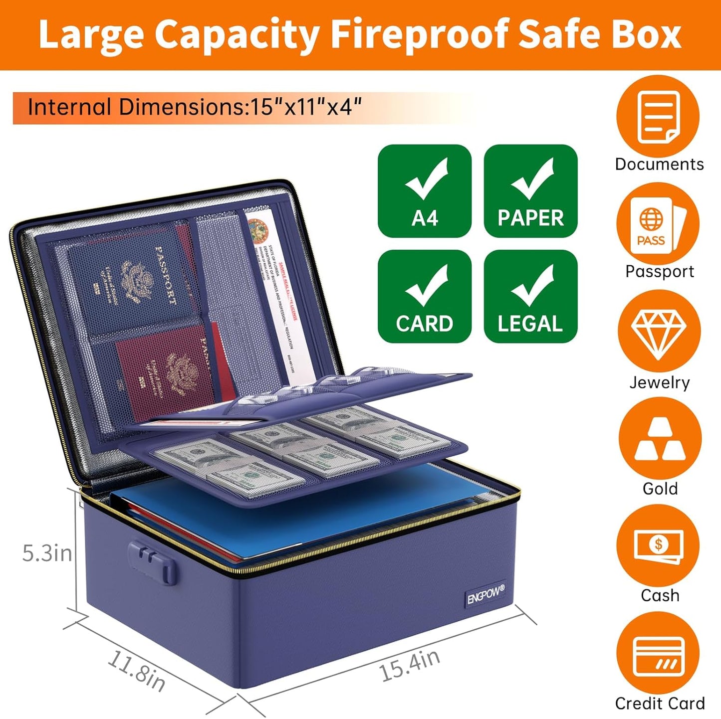 ENGPOW Fireproof Document Box, Hard Fireproof Box with Fireproof Zipper&Lock, 6400°F Heat Insulated Fireproof Water Resistant File Organizer Storage Box Safe for Important Documents,Valuable,Blue