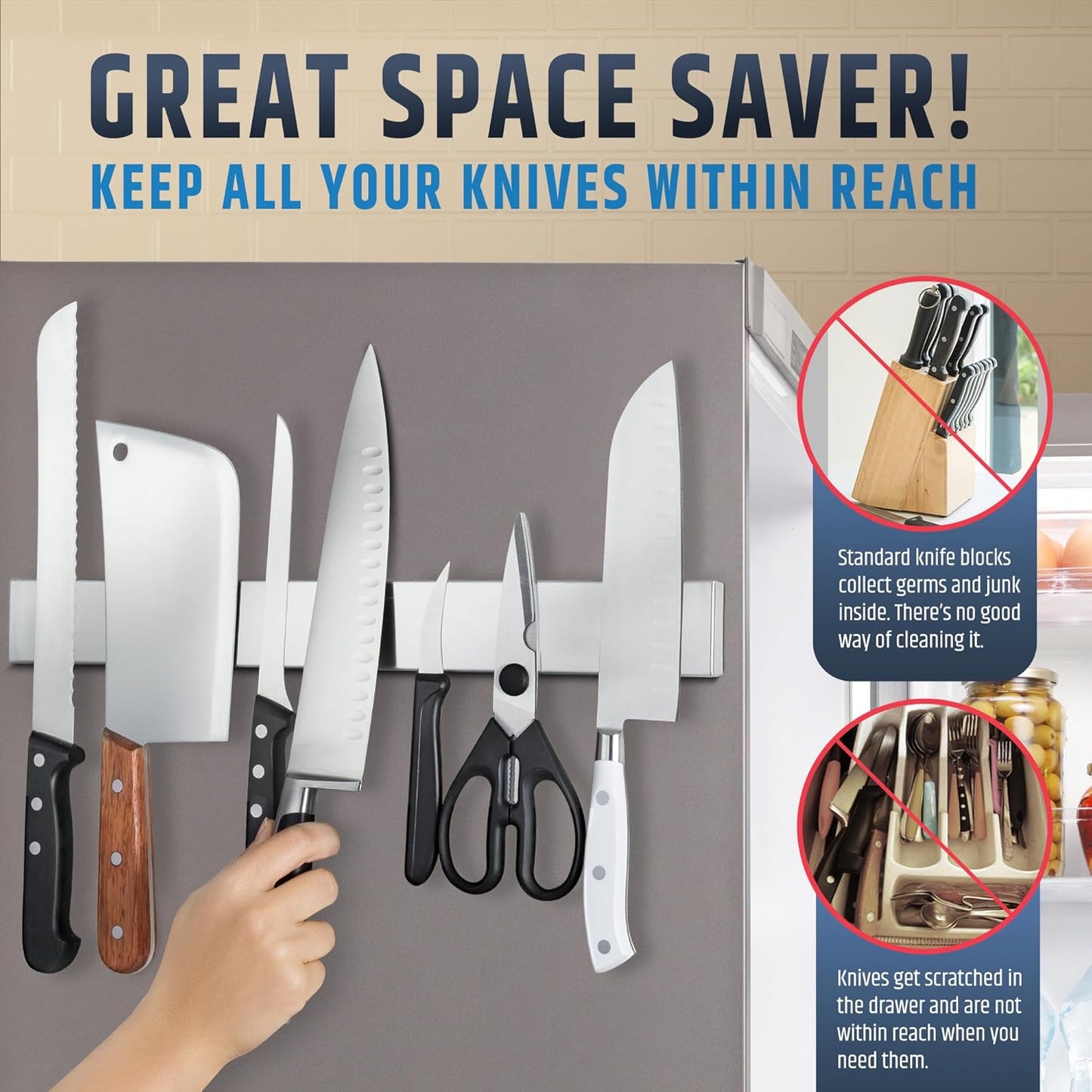 Premium Magnetic Knife Holder for Refrigerator that Doesn't Slide – 17 Inch Professional Double Sided Knife Strip for Fridge - Knife Rack/Bar With Powerful Magnetic Pull Force (Upgraded Version)
