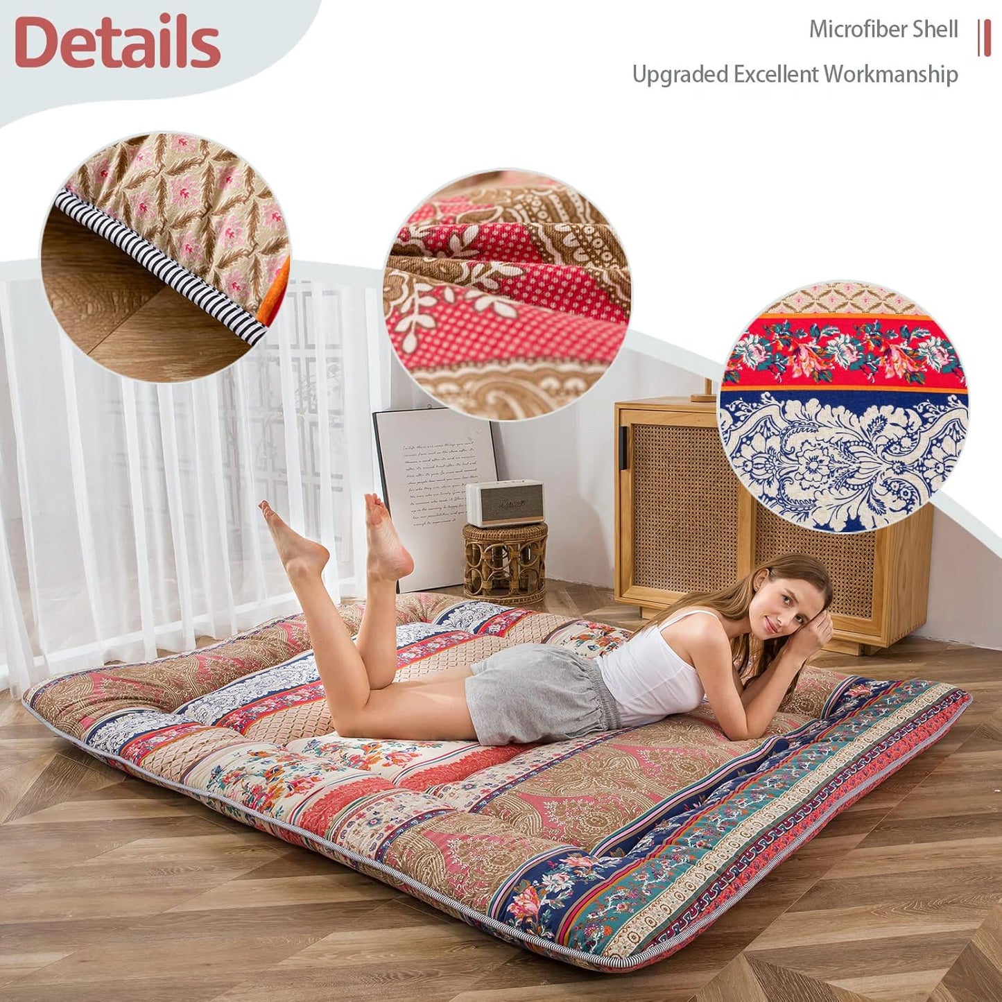 MAXYOYO Bohemian Retro Floor Mattress Vintage Floral Japanese Futon Mattress Roll Up Thicken Sleeping Bed Portable Camping Mattress Floor Lounger Couch Bed Mattress Pad, Full Size