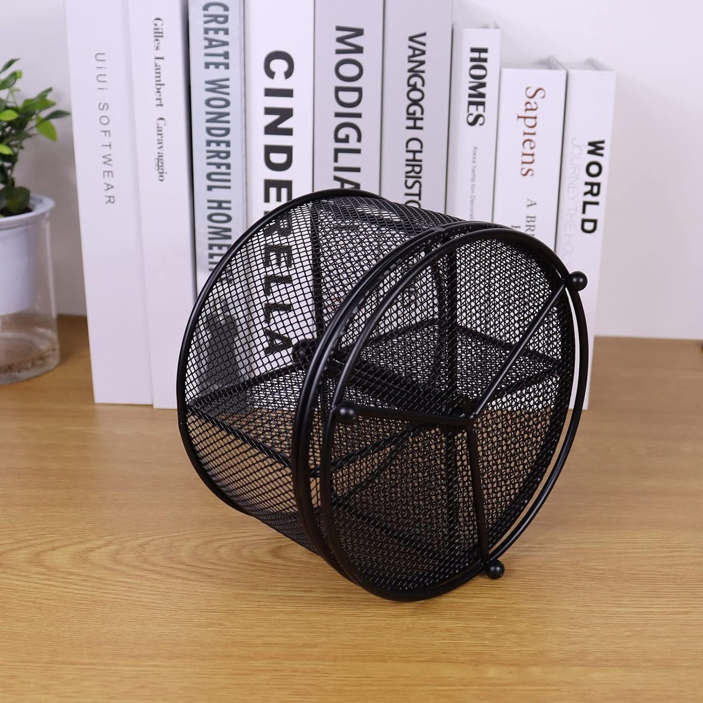 Pen Holder for Desk, 360 Rotating Mesh Pencil Organizer Marker Storage Caddy, Black Large Capacity Desktop Stationery Organizer, 4 Compartments for Home Office School Kids Art Supplies