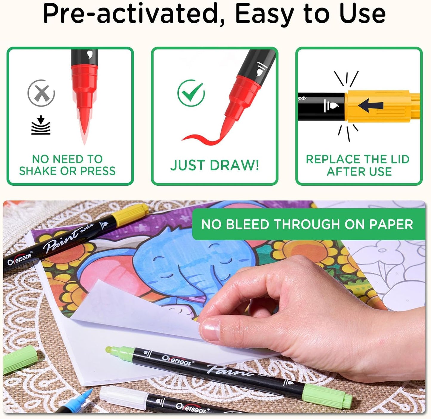 Overseas White Acrylic Paint Markers, 6 Pack Dual Tip Paint Pens Acrylic Markers - Dot and Brush Tip Coloring Marker for Wood, Rock, Canvas, Glass, Metal, Plastic, Rubber, Fabric, School Supplies