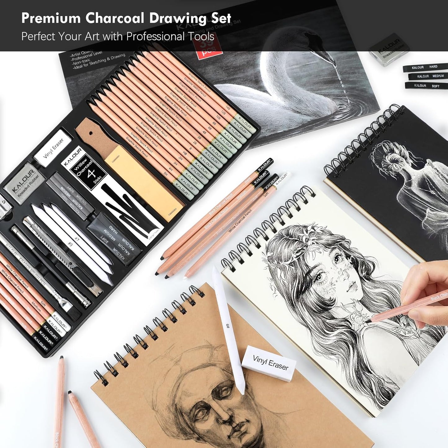 KALOUR PDAS 39pcs Drawing Pencil Set, Professional Sketch Pencils (5H-14B), Black and White Charcoal Pencils for Sketching, Eraser Brush Pen, Charcoal Sticks, Art Pencils Set for Artists & Beginners