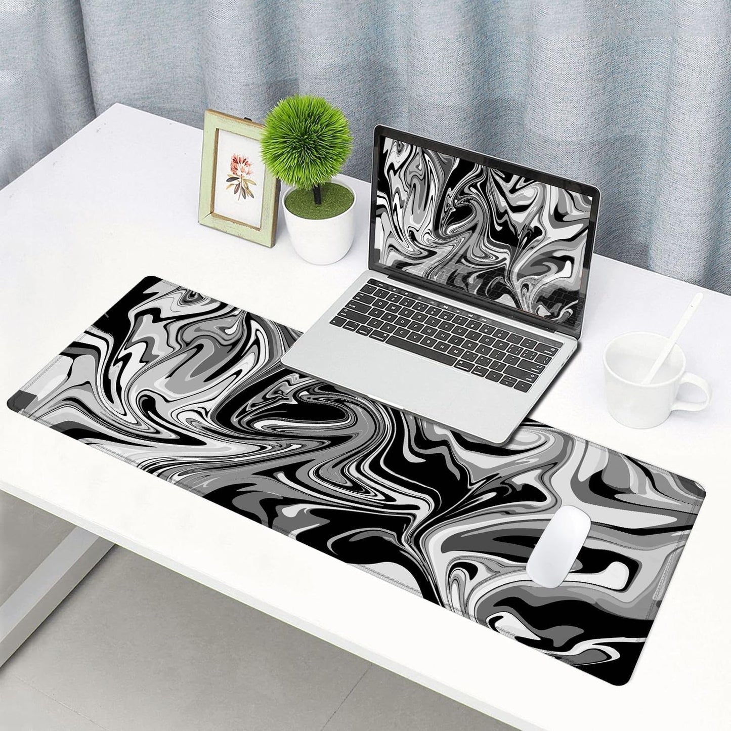 Large Gaming Mouse Pad, Extended XL Mousepad, Non-Slip Rubber Base Keyboard Mouse Mat Desk Pad for Work, Game, Office, Home, 31.5 x 11.8 in, Black Marble Fluid Design