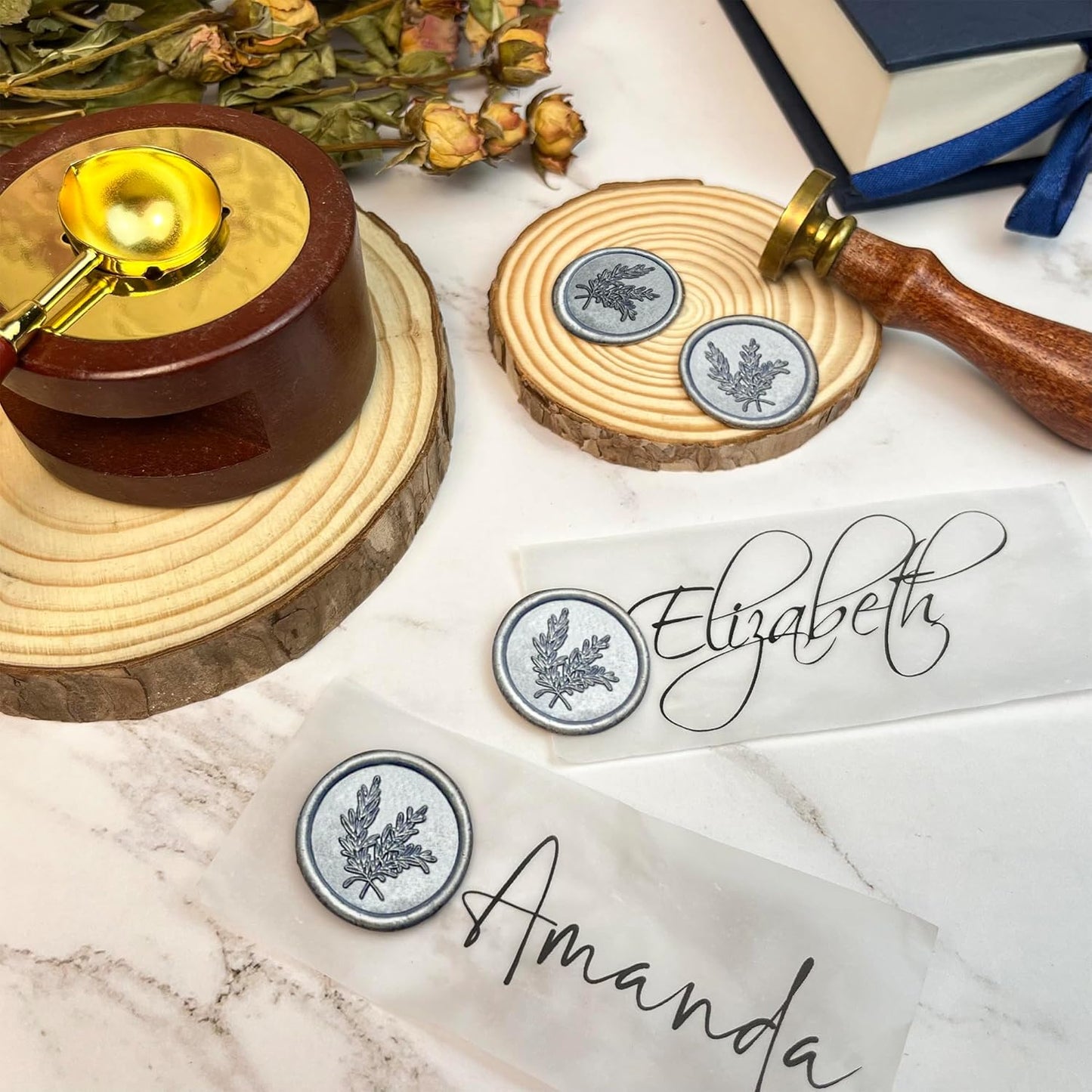 50Pcs Wax Seal Stickers Handmade Envelope Seals Self Adhesive Wax Stickers for Wedding Party Invitations, Envelope, Gift Wrap, Christmas(Rosemary Style, Gray Blue)