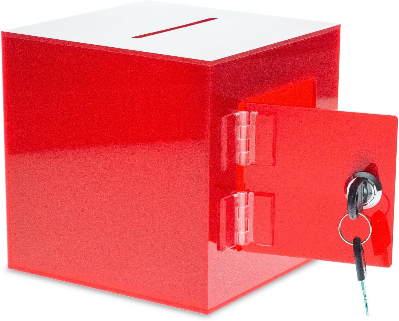 Source One Premium Acrylic Cube Donation Box with Deluxe Rear Open Door and Cam Lock Suggestion Box (6 Inch, Red)