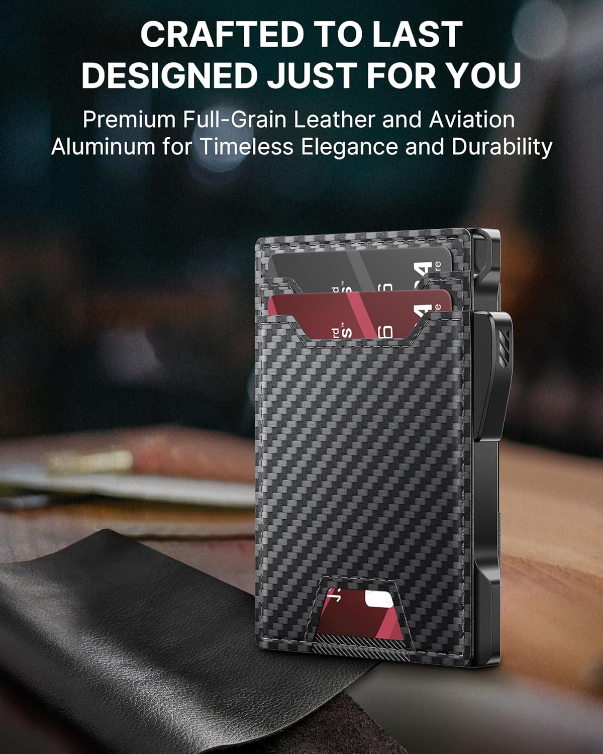 typecase Smart Wallet for Men: Metal Rfid Blocking Card Case, Ultra-Slim Bifold Wallet, Magnetic Card Holder, 9-13 Cards Capacitiy, Smart Popup Wallet for Men with Money Clip - Carbon Fiber