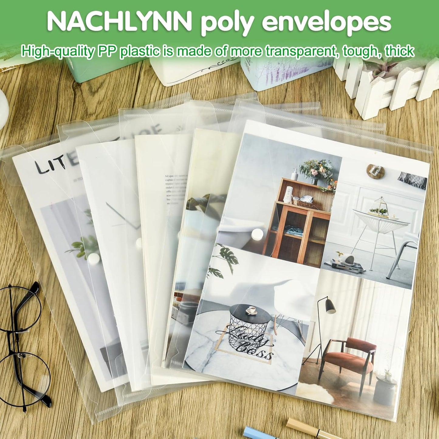 NACHLYNN 48pcs Plastic Envelopes Poly Envelopes with Snap Closure A4 Size Clear Document File Folders Organizers Clear Envelope for School Office Supplies