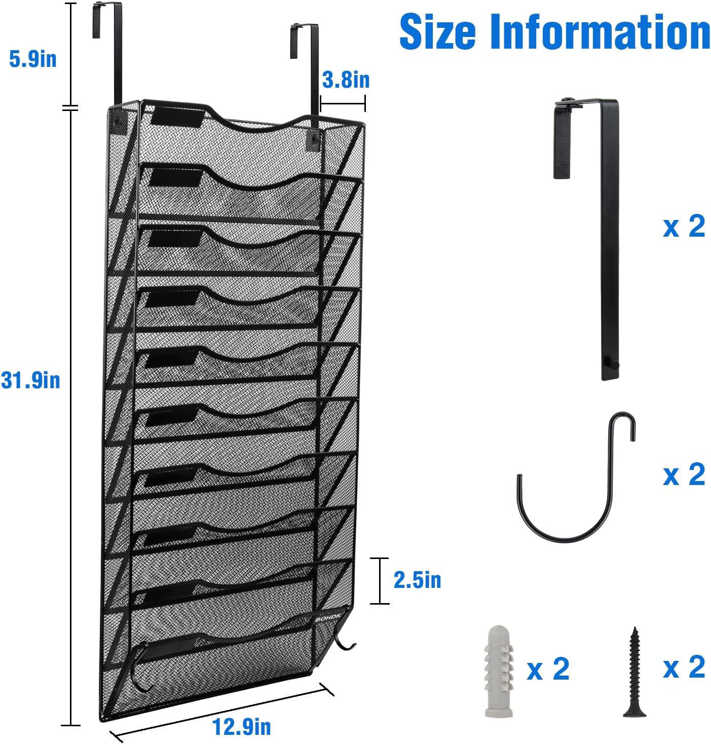 Wall File Organizer, 10 Tire Hanging File Folder Mail Organizer, Vertical Mesh Metal Door/Wall Mount Hanging File Holder, Paper Document Magazine Rack with Hooks for Home Office Black