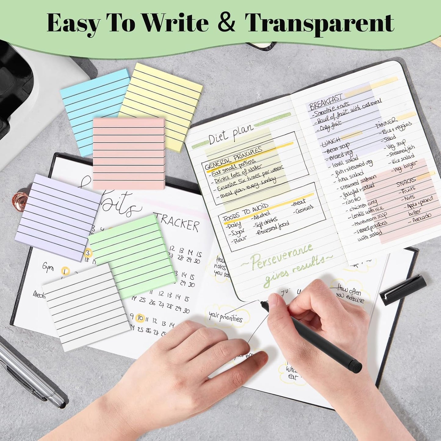 3x3 Inch Transparent Sticky Notes 300 Sheets, Clear Translucent Lined Self-Adhesive Memo Repositionable Reminder Pad for Office, College Students, Planners, Journals, School Supplies (Bright Morandi)