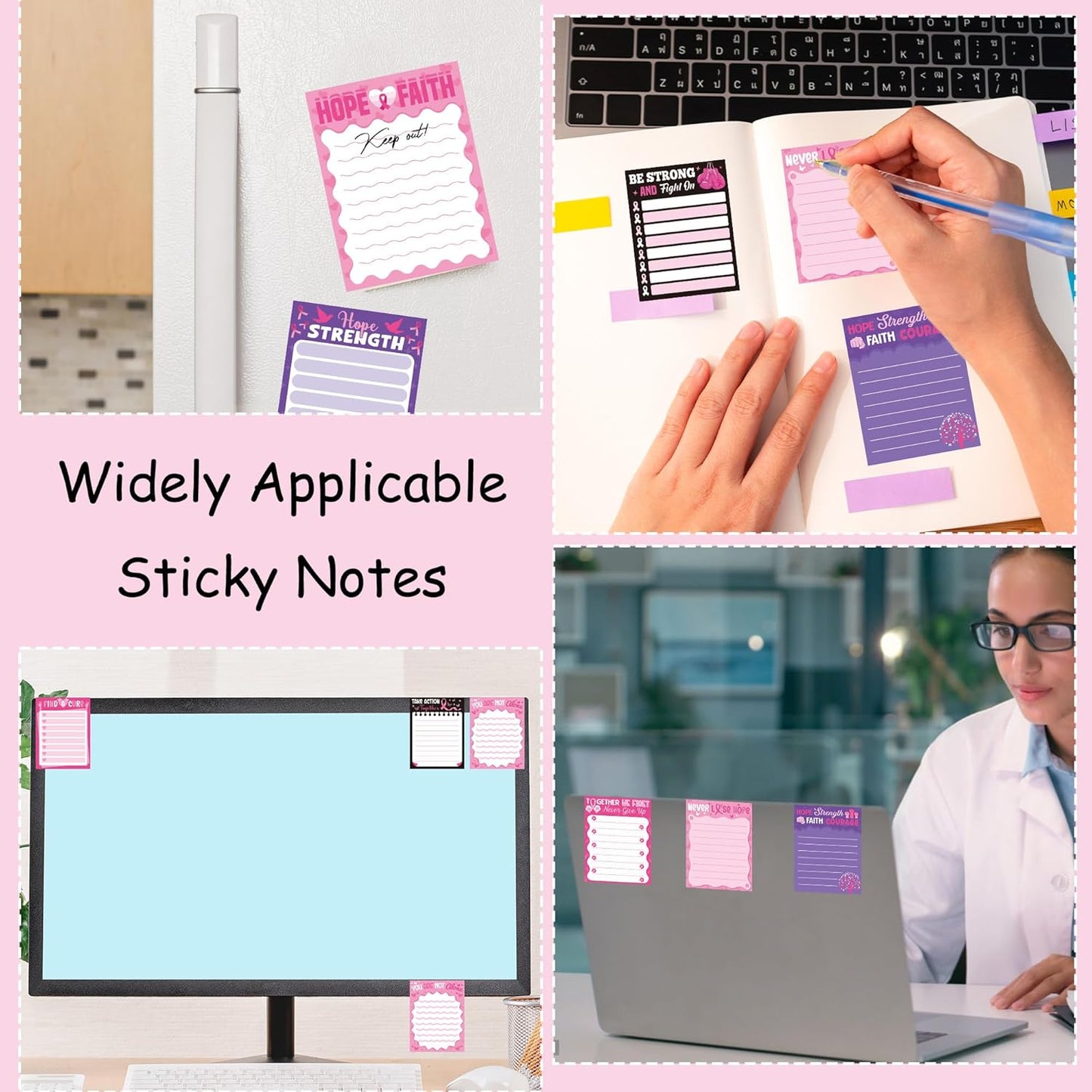 9 Pack Breast Cancer Awareness Sticky Notes Set, 450 Sheets Pink Self-Stick Notepads with Motivational Ribbon Designs, Inspirational Gifts for Women Supporters Fighters