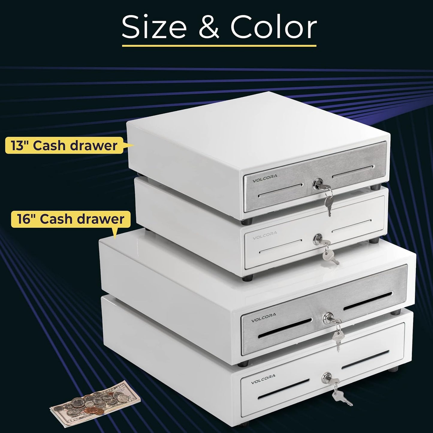 Volcora 16" Push Open Cash Register Drawer for Point of Sale (POS) System, Fully Removable White Heavy Duty Till with 5 Bills/8 Coin Slots, Key Lock and Double Media Slots