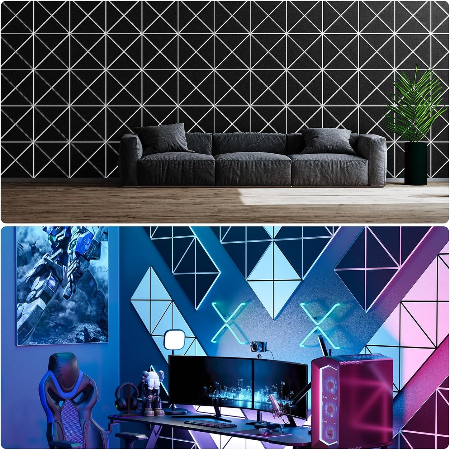 12 Pack Self-Adhesive Acoustic Panels, 12" X 12" X 0.4" X-Line Sound Proof Foam Panels for Walls, Soundproof Wall Panels for Home & Office (Black on White)