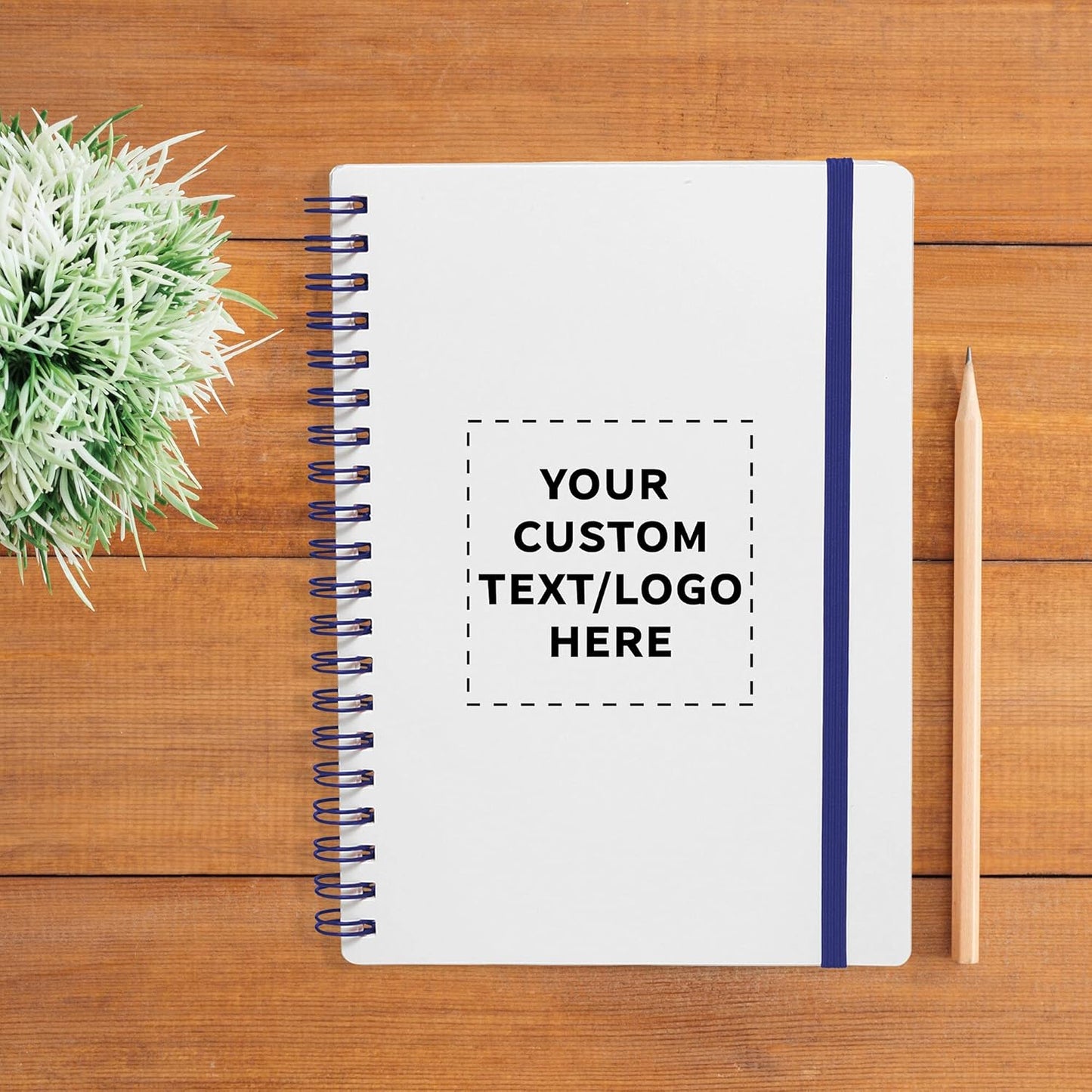 50 White Spiral Notebooks with Elastic Band Pack - Customizable Text, Logo - 80 lined pages, Recycled - Blue