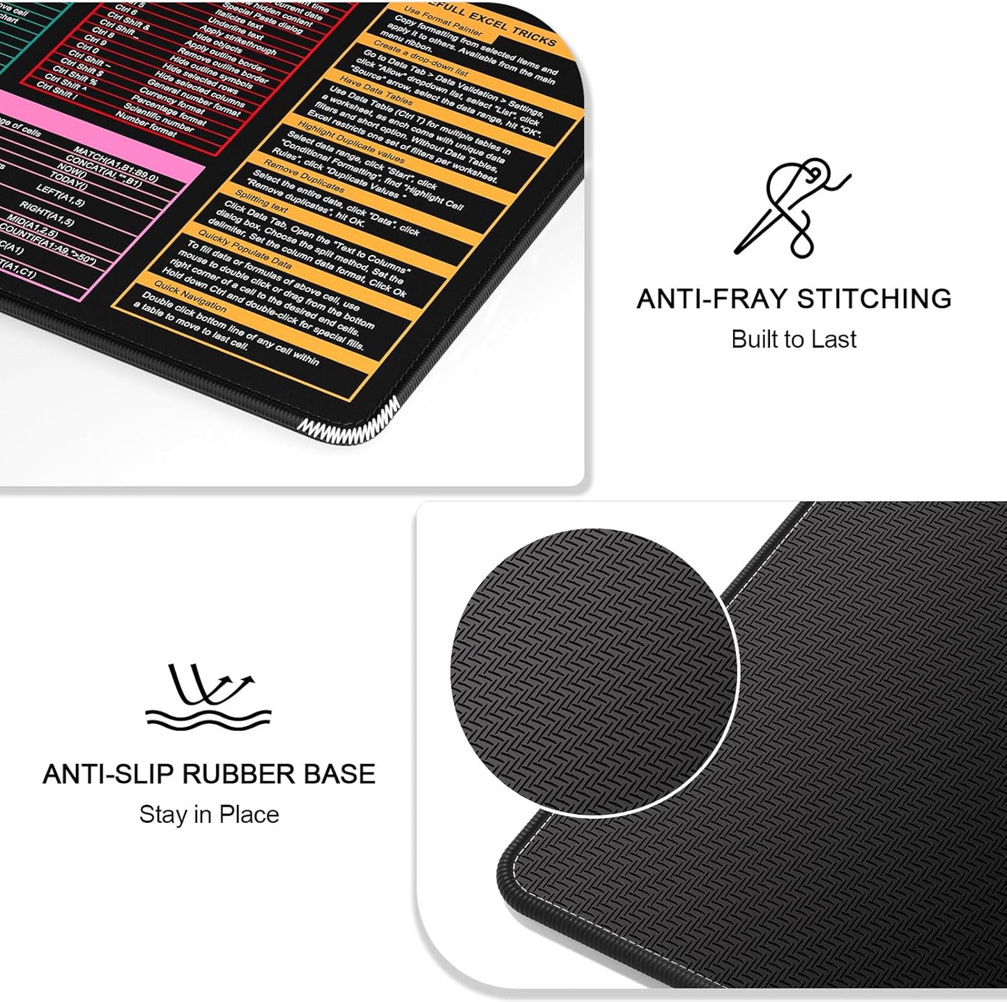 Auhoahsil Large Mouse Pad, XXL Gaming Mousepad, Desk Mat for Desktop, Thick Rubber, Big & Long Size, Stitched Edges, Full Desk Pad for Laptop & Computer, Extended 35.4 x 15.7 in, 01-Excel Shortcut