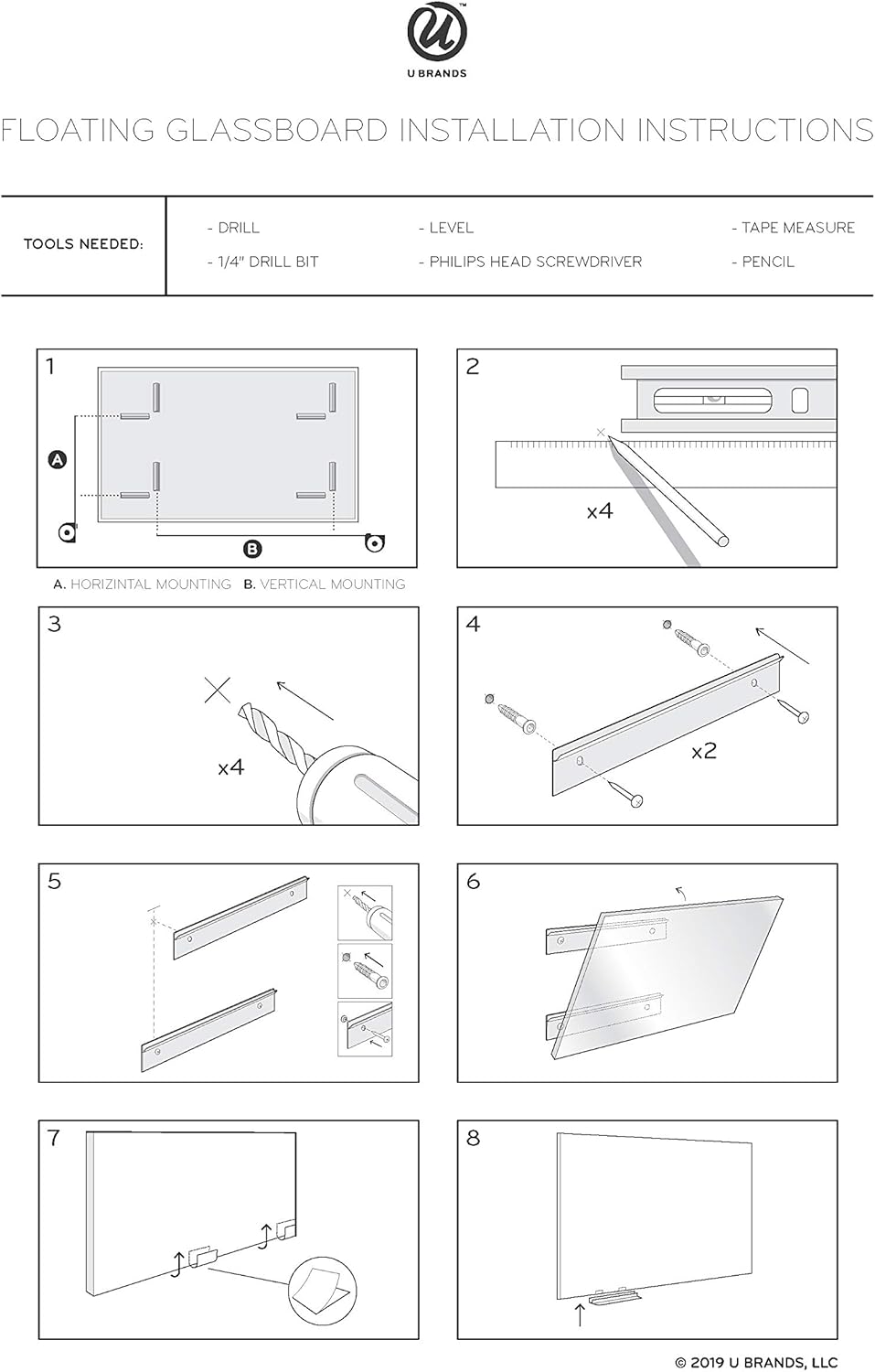 U Brands Glass Dry Erase Board, 36" x 36", 3'x3', Gray Surface, Frameless, Includes Marker