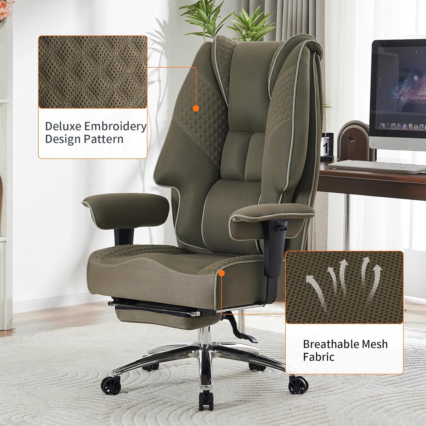 Big and Tall Office Chair 400lbs Wide Seat, Leather High Back Executive Office Chair with Foot Rest, Ergonomic Chairs Lumbar Support for Lower Back Pain Relief (Mesh Light Green)