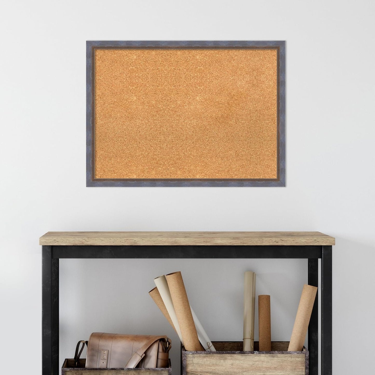 Amanti Art Natural Cork Board for Wall, 22x30 Vision Board with Blue Wood Frame, Medium Corkboard Office Decor for Home Organization, Modern Contemporary Corkboard Pinboard to display items for home