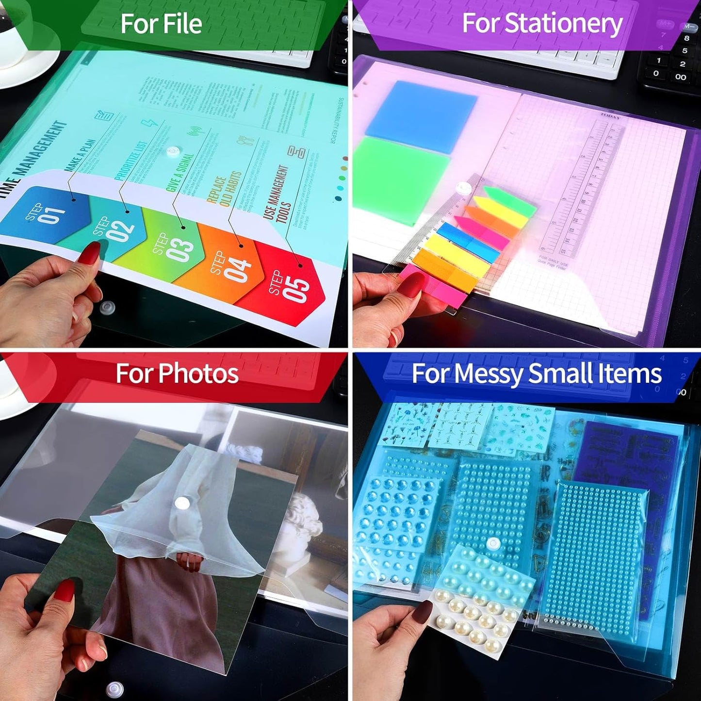 LEOBRO Plastic File Folders, 12 PCS A4 Plastic Envelopes with Snap Closure, Folders for Document, Reusable File Bags, Document Holder, for School Office